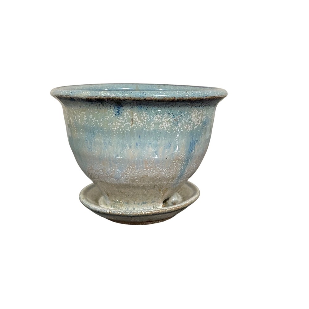 Bruning Pottery Blue Drip Glaze Ceramic Planter Pot with Attached Saucer 3.5in